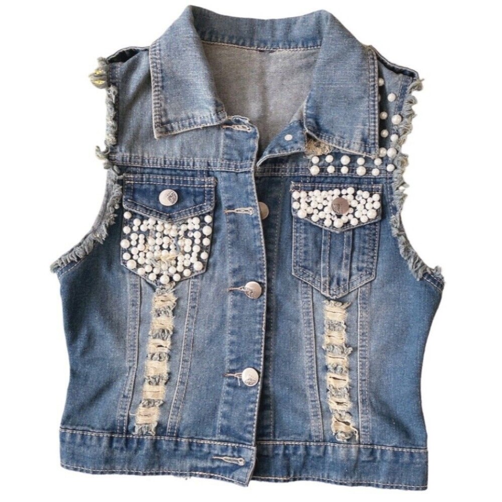 Pearl Studded Women’s Distressed Jean Denim Sleeveless Vest Jacket Women’s Sz S